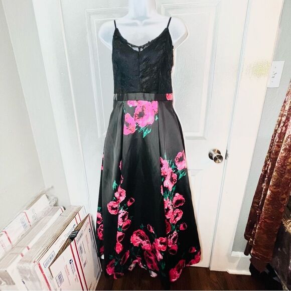 B Darlin Black Lace Bodice Pink Floral Gown Prom Backless Juniors 7/8 - Picture 3 of 11